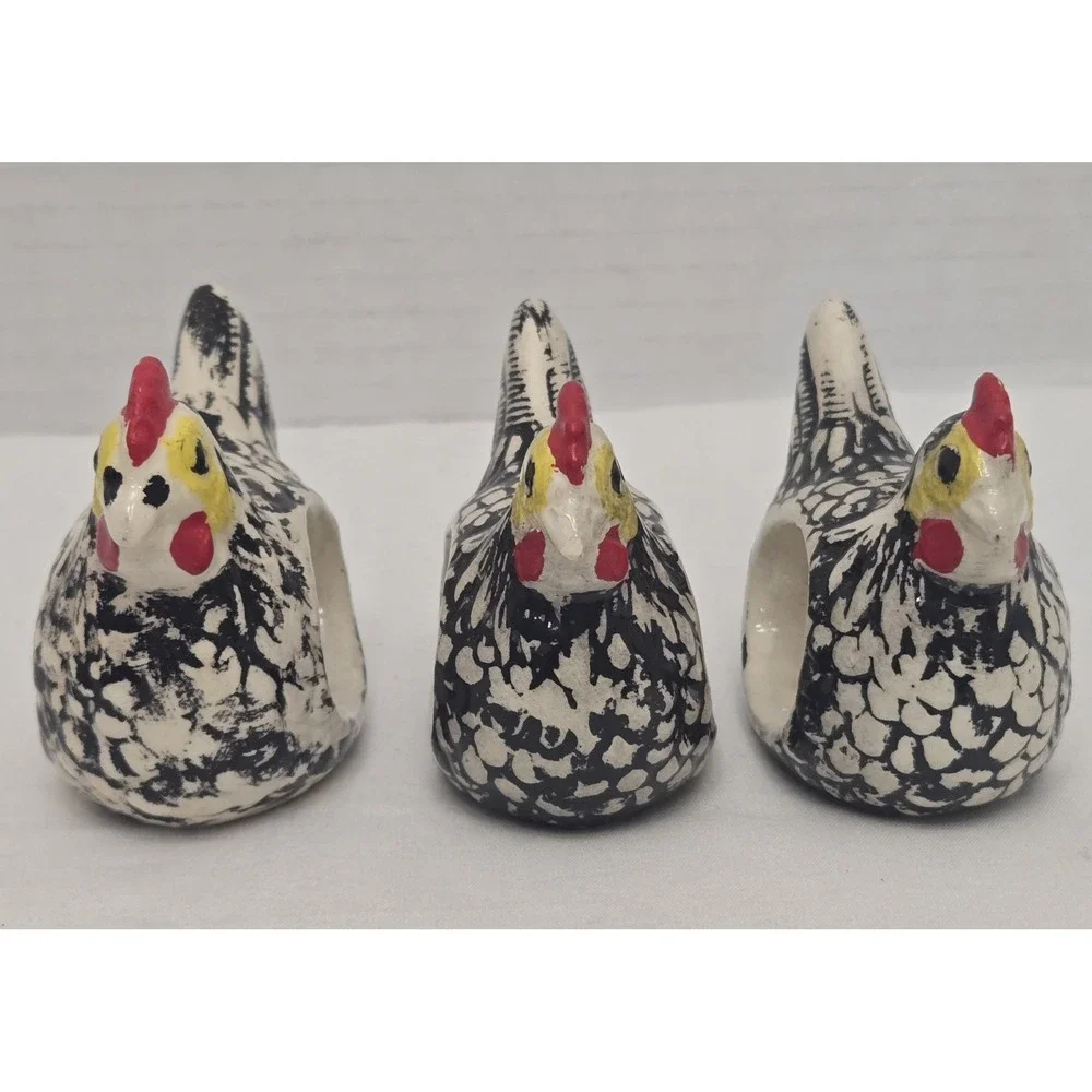 Vintage Hand Painted Ceramic Chicken Rustic Napkin Rings Holders Set of 3